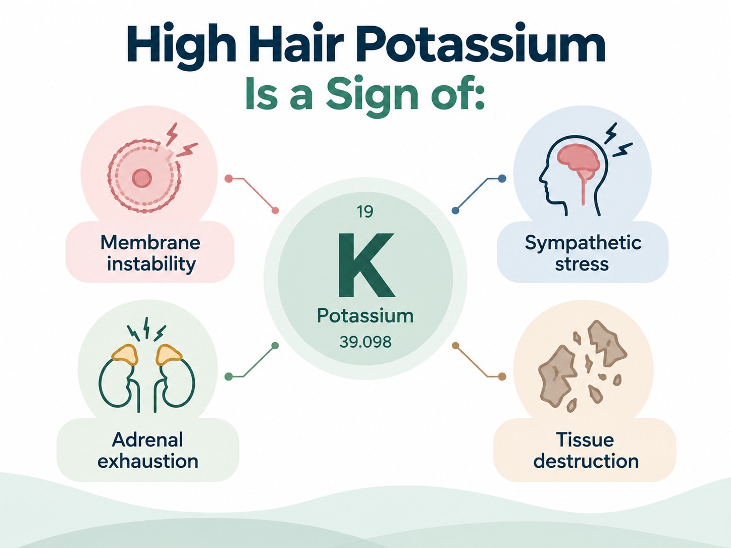 High hair potassium in HTMA infographic showing membrane instability, sympathetic stress, adrenal exhaustion, and tissue destruction.