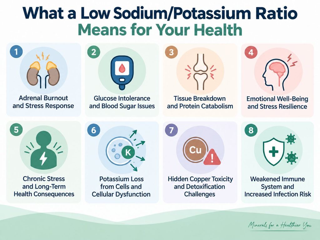 Low sodium/potassium ratio in HTMA infographic highlighting adrenal stress, glucose intolerance, tissue breakdown, emotional well-being, chronic stress, potassium loss, copper toxicity, and weakened immunity.