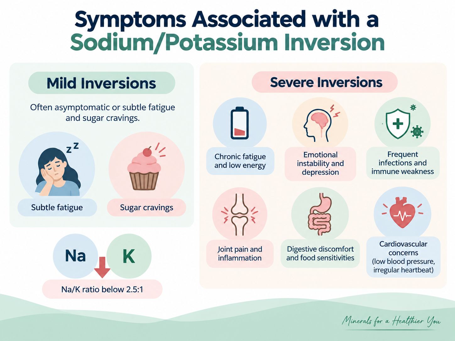 Symptoms associated with sodium/potassium inversion in HTMA, showing mild fatigue and sugar cravings alongside severe fatigue, mood changes, immune weakness, joint pain, digestive discomfort, and cardiovascular concerns.