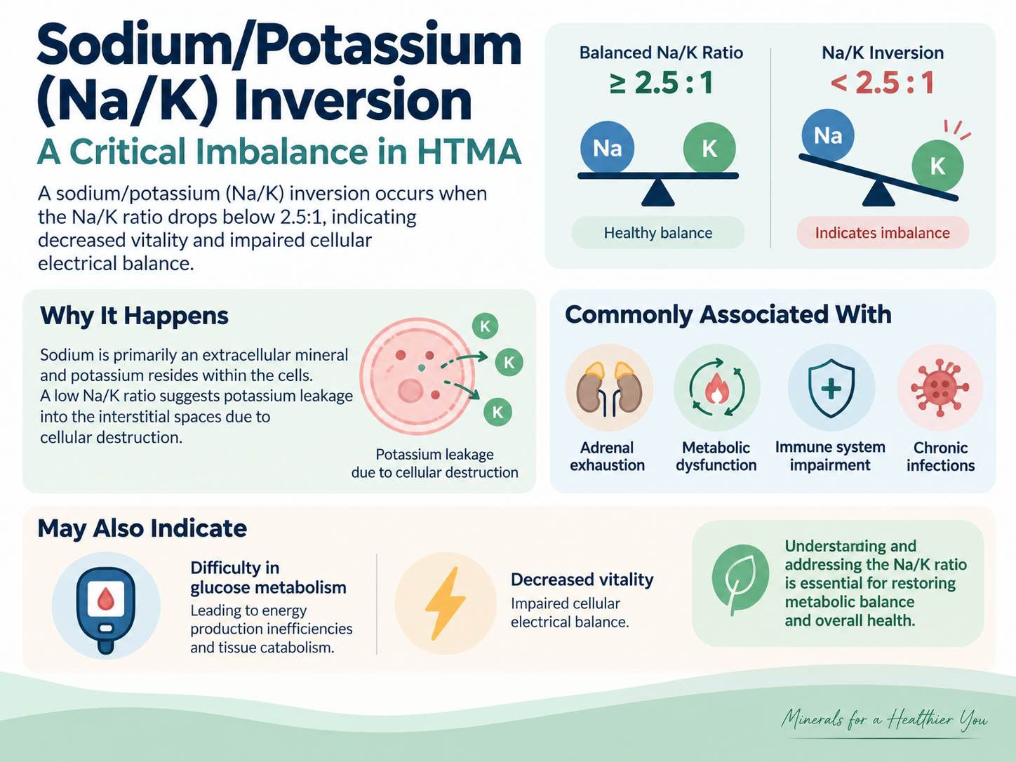 Sodium/potassium Na/K inversion in HTMA infographic showing a ratio below 2.5:1, potassium leakage, and associated metabolic and adrenal concerns.