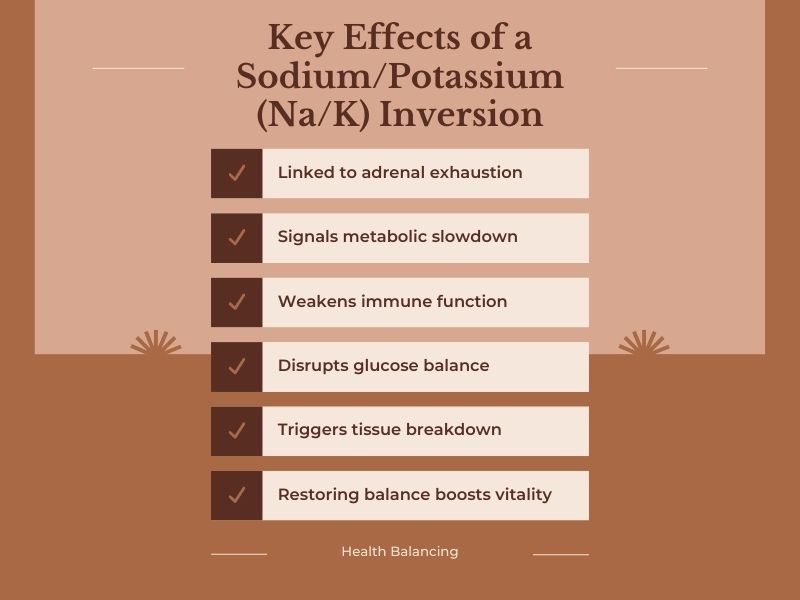 Graphic showing key effects of sodium potassium (Na/K) inversion including adrenal exhaustion, metabolic slowdown, weakened immunity, and glucose imbalance
