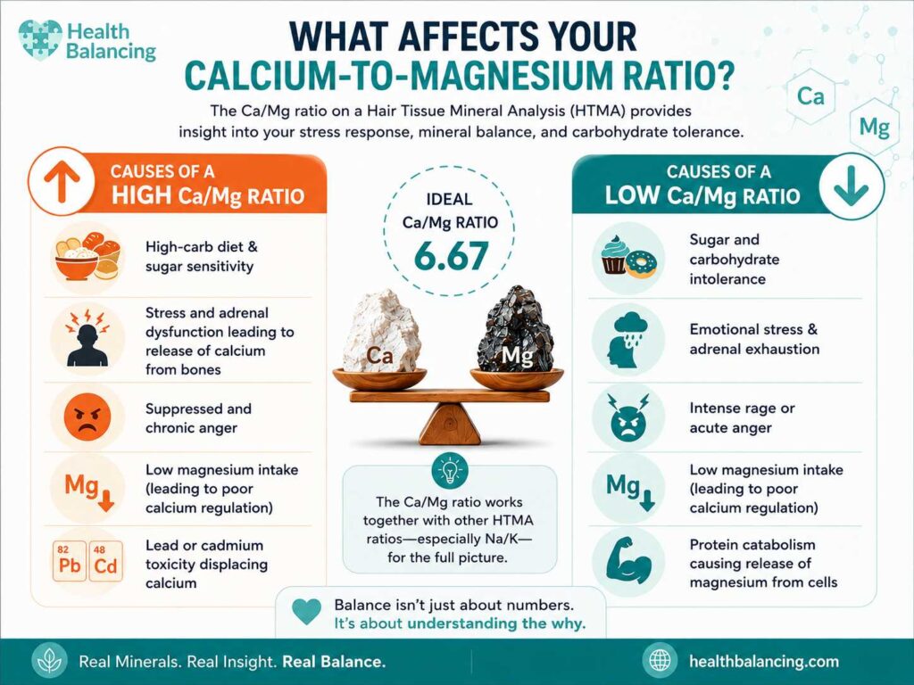 Infographic showing the causes of a high and low calcium-to-magnesium (Ca/Mg) ratio on a Hair Tissue Mineral Analysis (HTMA), including stress, carbohydrate intake, magnesium deficiency, and heavy metal toxicity.