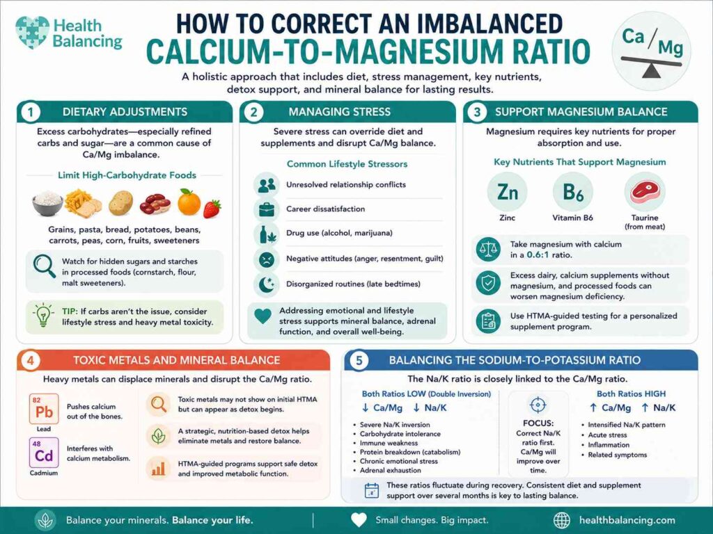 Infographic showing how to correct an imbalanced calcium-to-magnesium (Ca/Mg) ratio on a Hair Tissue Mineral Analysis (HTMA) through diet, stress management, magnesium-supporting nutrients, heavy metal detoxification, and sodium-to-potassium balance.