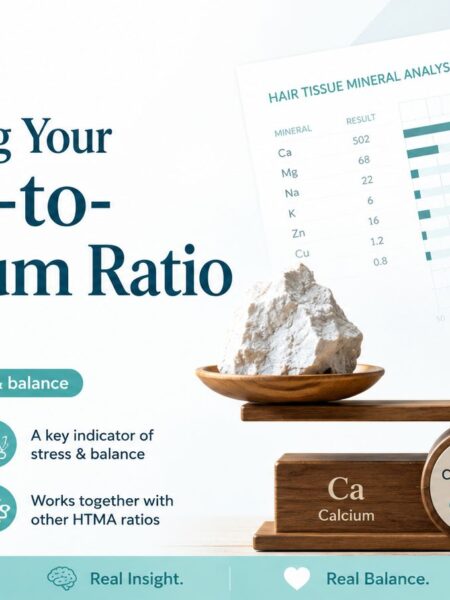 Illustration of the calcium-to-magnesium ratio on a Hair Tissue Mineral Analysis (HTMA) report showing the ideal Ca/Mg ratio and mineral balance.