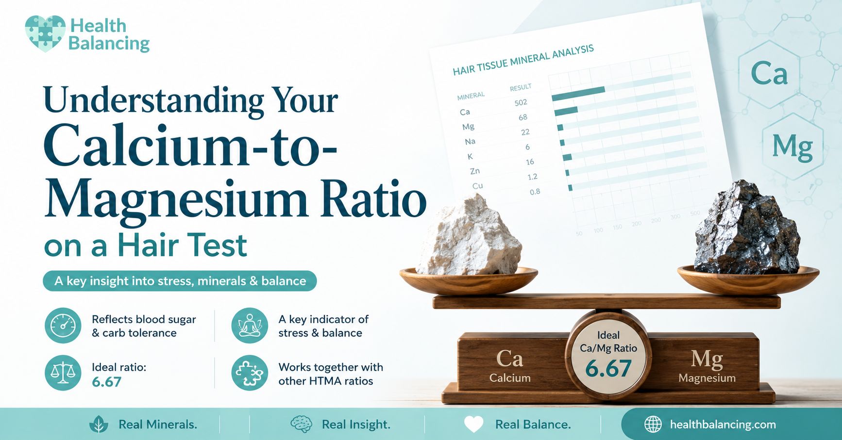 Illustration of the calcium-to-magnesium ratio on a Hair Tissue Mineral Analysis (HTMA) report showing the ideal Ca/Mg ratio and mineral balance.