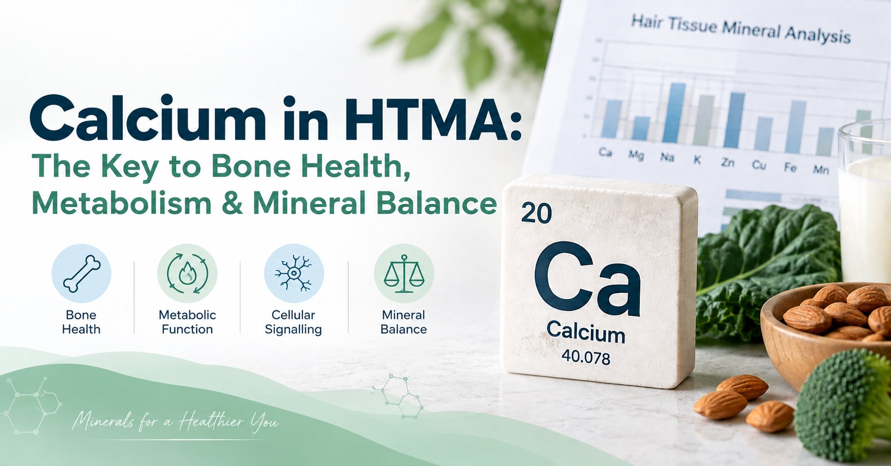 Calcium in HTMA showing the role of calcium in bone health, metabolism, cellular signalling, and mineral balance.