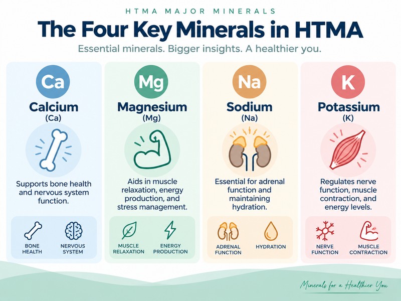 Four key minerals in HTMA—calcium, magnesium, sodium, and potassium—and their roles in bone health, muscle function, adrenal function, hydration, and energy.