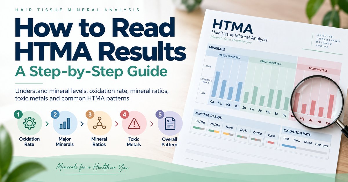 How to read HTMA results showing oxidation rate, mineral levels, mineral ratios, toxic metals, and overall mineral patterns.