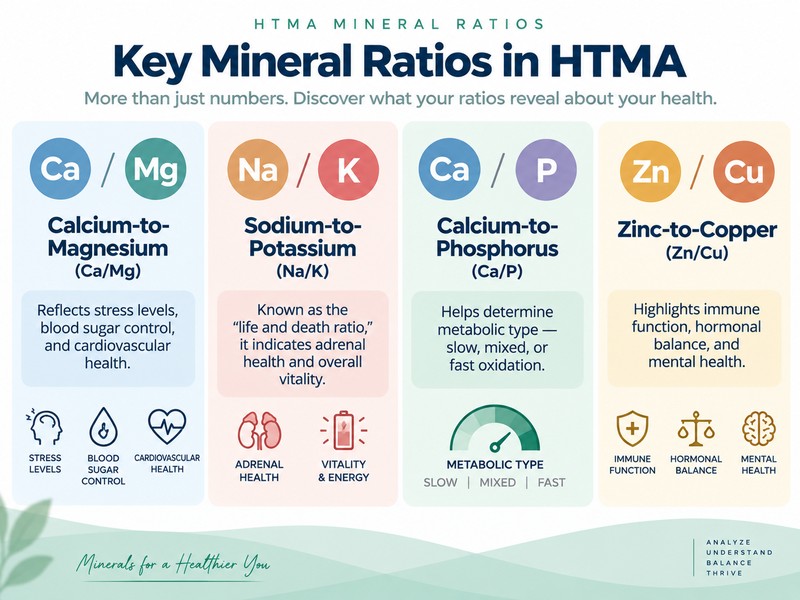 Key mineral ratios in HTMA showing calcium-to-magnesium, sodium-to-potassium, calcium-to-phosphorus, and zinc-to-copper ratios and their health interpretations.