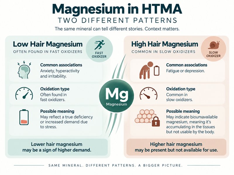 Low vs high hair magnesium in HTMA, comparing fast and slow oxidation patterns and possible magnesium deficiency or biounavailability
