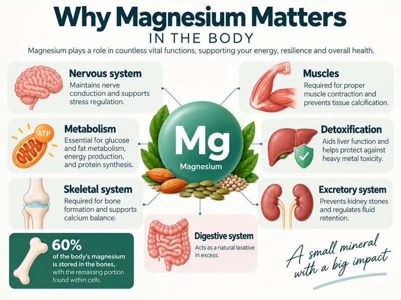 Why magnesium matters in the body, showing its roles in the nervous system, muscles, metabolism, detoxification, bones, kidneys and digestion