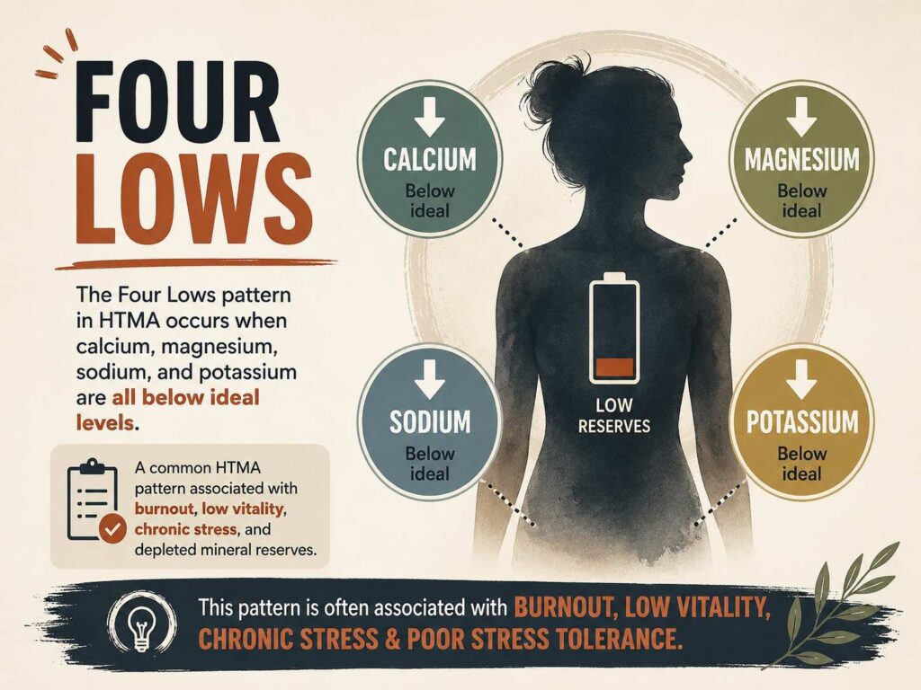 Infographic explaining the Four Lows HTMA pattern, showing calcium, magnesium, sodium, and potassium below ideal levels and its association with burnout, low vitality, chronic stress, and depleted mineral reserves.