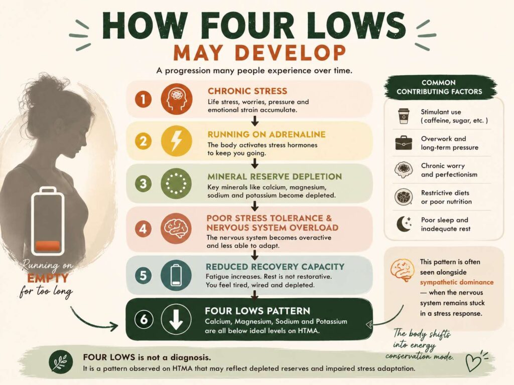 Infographic showing how the Four Lows pattern may develop over time through chronic stress, adrenaline-driven activity, mineral reserve depletion, nervous system overload, and reduced recovery capacity.