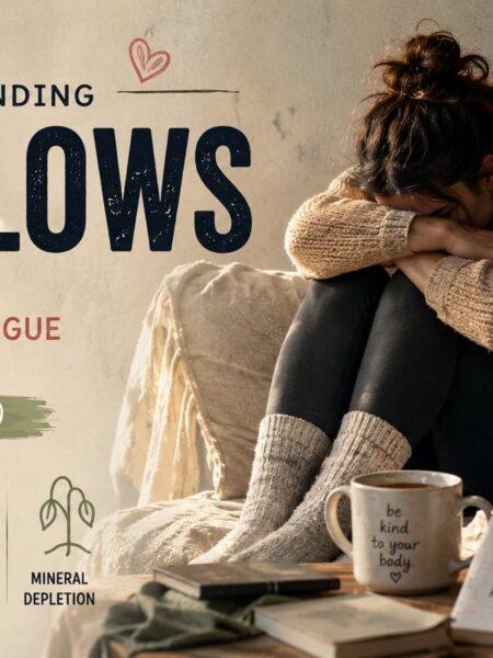 Woman sitting exhausted on a couch with headline about the Four Lows pattern, chronic fatigue, burnout, and recovery through HTMA-based nutritional balancing.