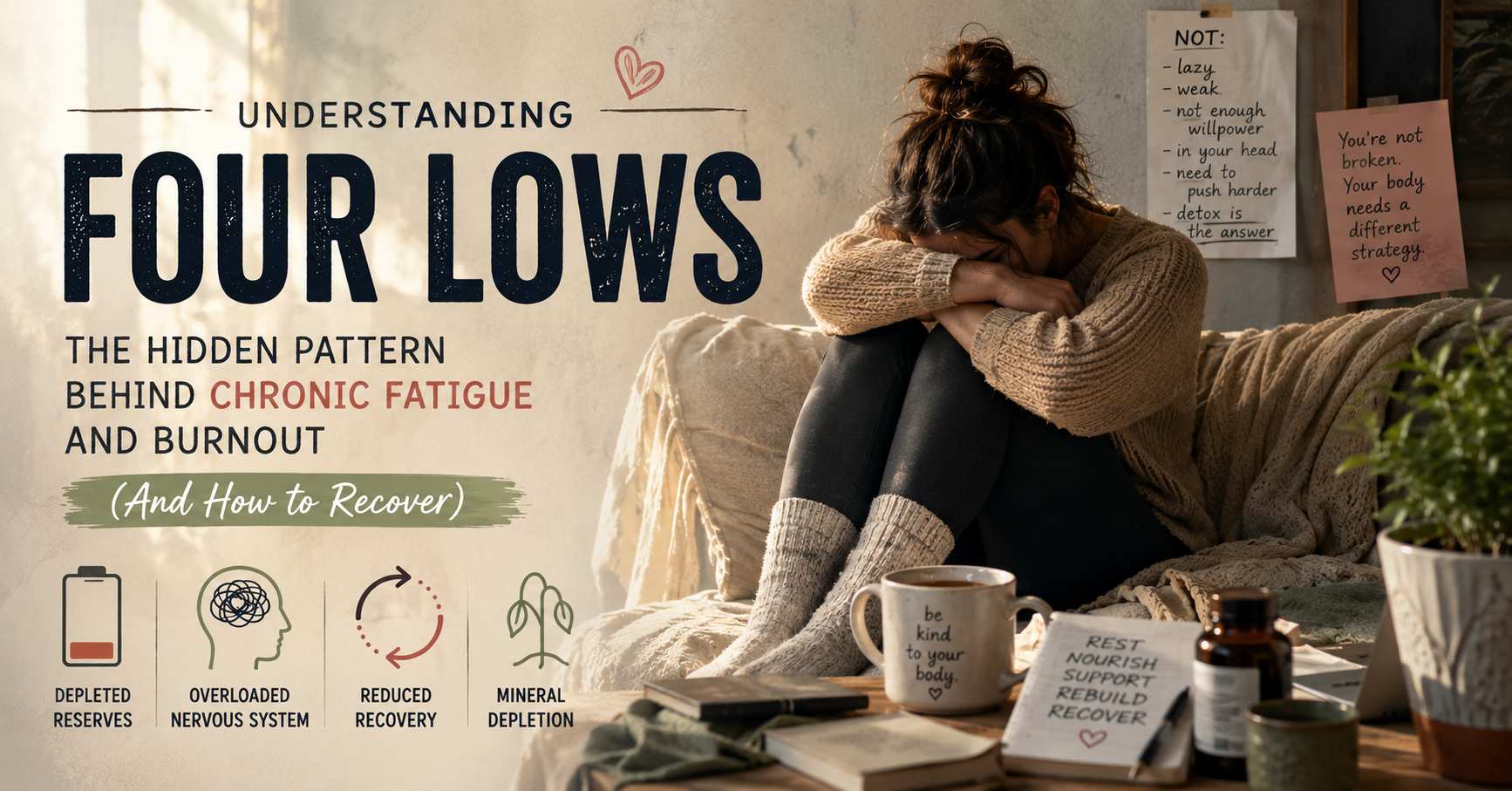 Woman sitting exhausted on a couch with headline about the Four Lows pattern, chronic fatigue, burnout, and recovery through HTMA-based nutritional balancing.