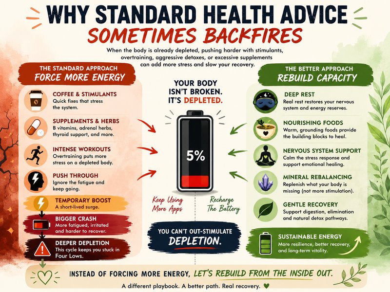 Infographic comparing force-energy strategies such as coffee, supplements, and intense workouts versus recovery-focused approaches for individuals with the Four Lows HTMA pattern.