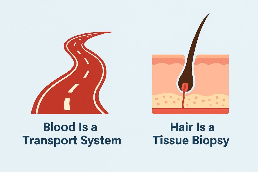 Illustration comparing blood and hair in HTMA analysis, showing a red highway symbolizing blood as a transport system beside a skin cross-section with a hair follicle representing tissue storage and biopsy.