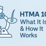 HTMA 101 featured image showing microscope and hair strand illustration on a pastel blue background — representing Hair Tissue Mineral Analysis, mineral testing, and holistic wellness insights.