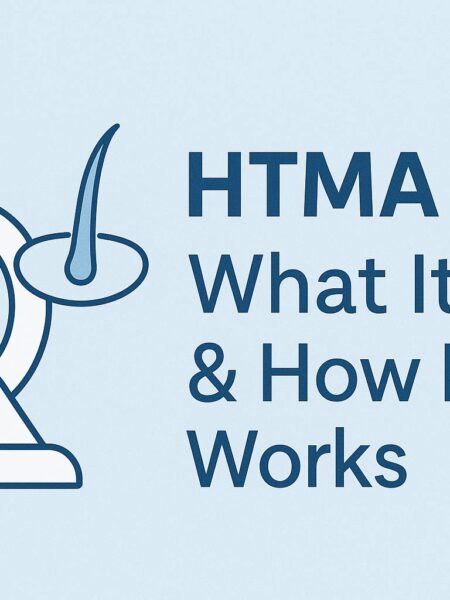 HTMA 101 featured image showing microscope and hair strand illustration on a pastel blue background — representing Hair Tissue Mineral Analysis, mineral testing, and holistic wellness insights.