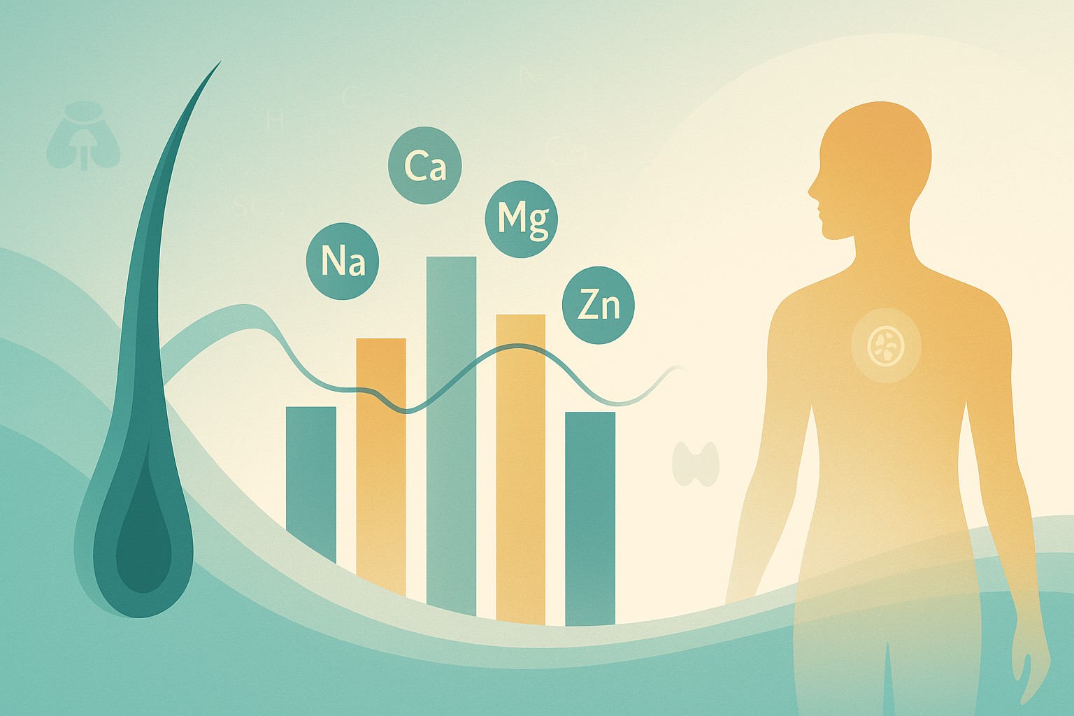 HTMA hair test illustration showing hair follicle and Na, Ca, Mg, Zn bars visualizing long-term mineral balance plus adrenal (Na/K) and thyroid (Ca/K) patterns.