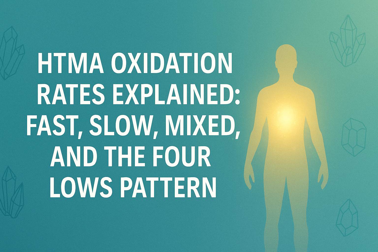 HTMA oxidation rates explained – illustration showing a glowing human silhouette and crystal minerals symbolizing fast, slow, mixed, and four lows metabolic patterns.