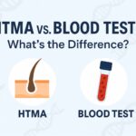 Illustration comparing Hair Tissue Mineral Analysis (HTMA) and blood tests, showing a hair follicle icon beside a blood vial under the title “HTMA vs. Blood Tests: What’s the Difference?” on a light DNA-patterned background.