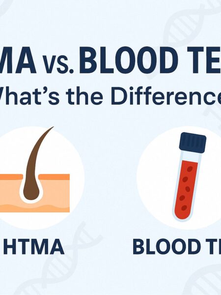 Illustration comparing Hair Tissue Mineral Analysis (HTMA) and blood tests, showing a hair follicle icon beside a blood vial under the title “HTMA vs. Blood Tests: What’s the Difference?” on a light DNA-patterned background.