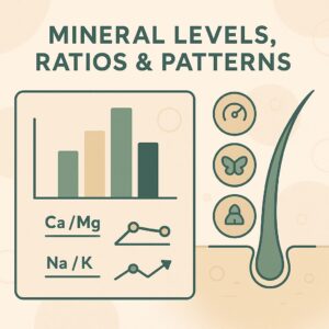 Illustration of HTMA mineral levels, ratios, and patterns with bar chart, Ca/Mg and Na/K indicators, and hair follicle graphic.