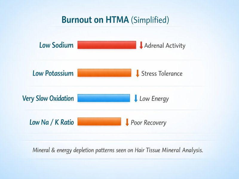 Simplified HTMA chart showing low sodium, low potassium, slow oxidation rate, and low sodium potassium ratio associated with burnout