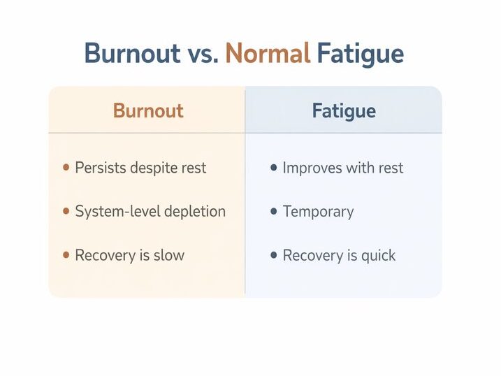 Side-by-side comparison showing differences between burnout and normal fatigue, including recovery speed and response to rest
