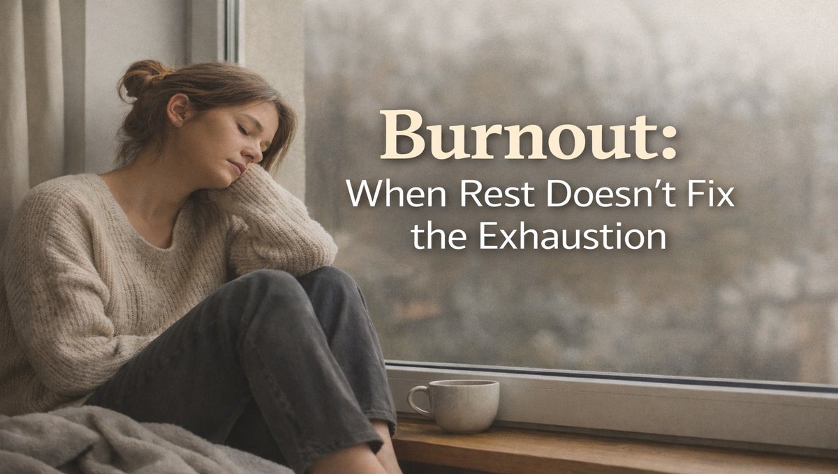Person resting by a window showing quiet burnout, appearing functional but deeply exhausted