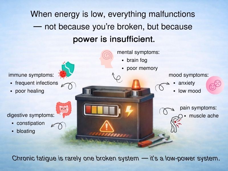 Illustration showing chronic fatigue as a low-power system, with widespread symptoms caused by insufficient energy rather than a single broken system