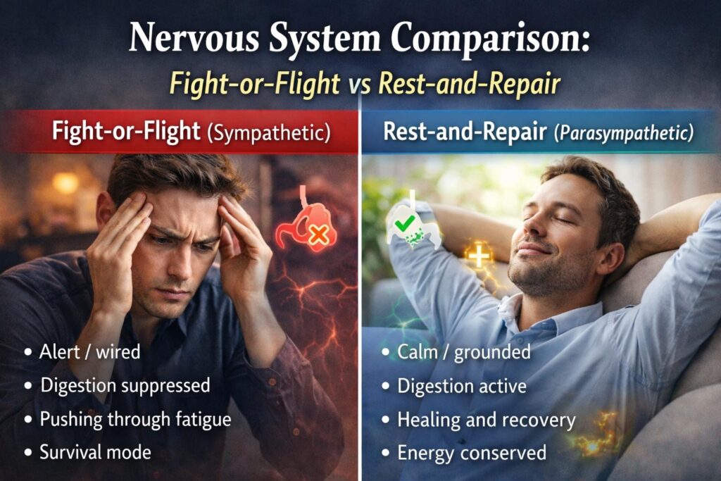 Split-screen comparison showing sympathetic fight-or-flight nervous system with tension and stress versus parasympathetic rest-and-repair with calm and recovery
