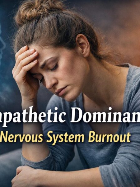 Tired woman holding her head, representing sympathetic dominance and nervous system burnout with glowing nervous system illustration in background