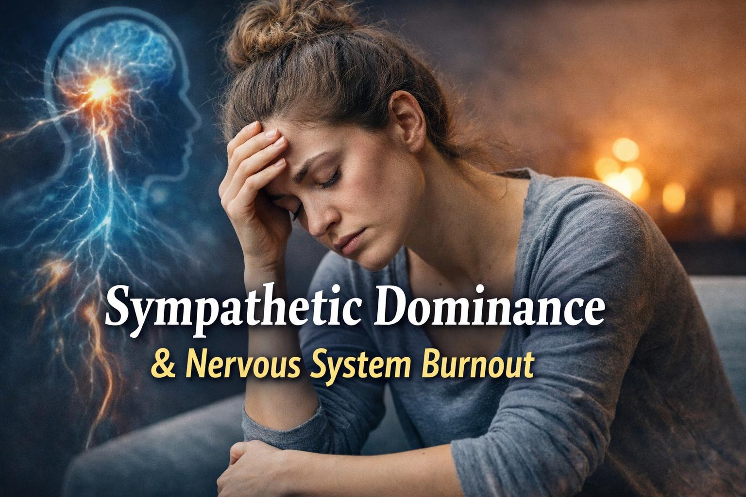 Tired woman holding her head, representing sympathetic dominance and nervous system burnout with glowing nervous system illustration in background