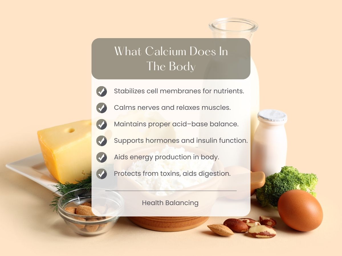 Sodium–Magnesium (NaMg) Ratio in HTMA Infographic showing key functions of calcium in the body, including stabilizing cell membranes, calming nerves and muscles, supporting acid–base balance, hormone and insulin function, energy production, and protection from toxins, with dairy, eggs, nuts, and vegetables in the background.