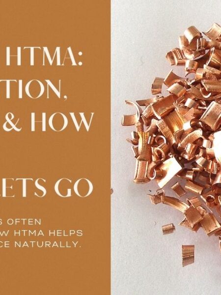 Copper shavings beside text about copper dysregulation and retention on HTMA, illustrating how the body gradually releases excess copper to restore mineral balance.