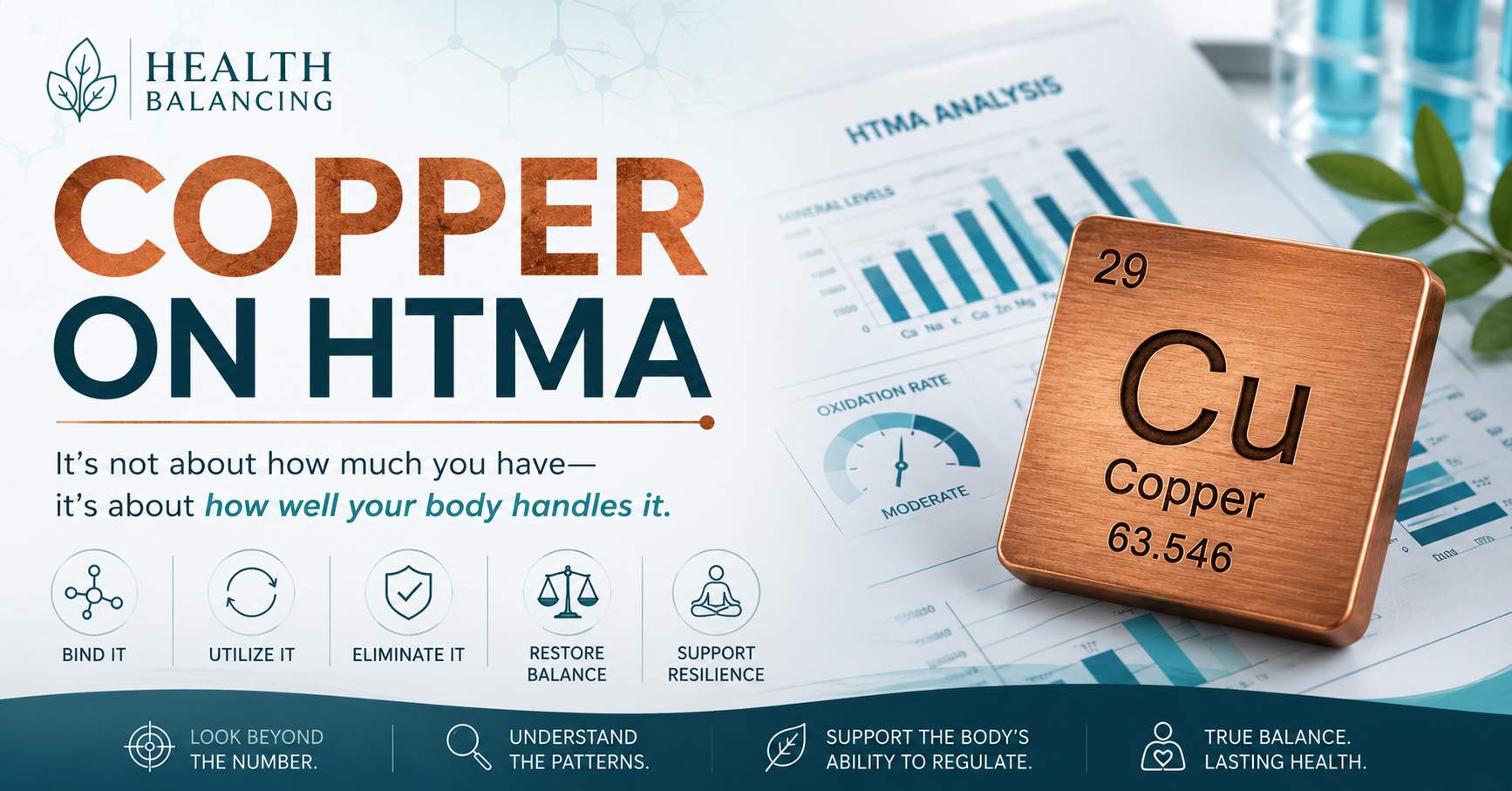 Copper on HTMA infographic explaining copper patterns, mineral balance, and how the body regulates copper according to Hair Tissue Mineral Analysis.
