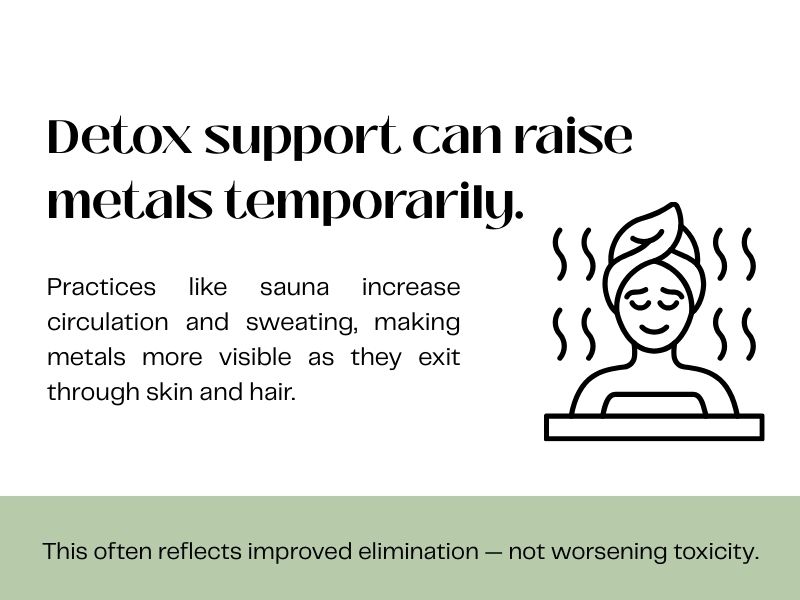 Detox support such as sauna therapy may temporarily raise toxic metal levels on HTMA as circulation and elimination increase, reflecting improved detox rather than worsening toxicity.