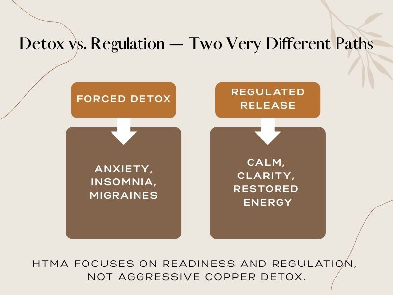 Detox vs regulation comparison showing forced detox causing anxiety and insomnia versus regulated release supporting calm, clarity, and restored energy in HTMA.