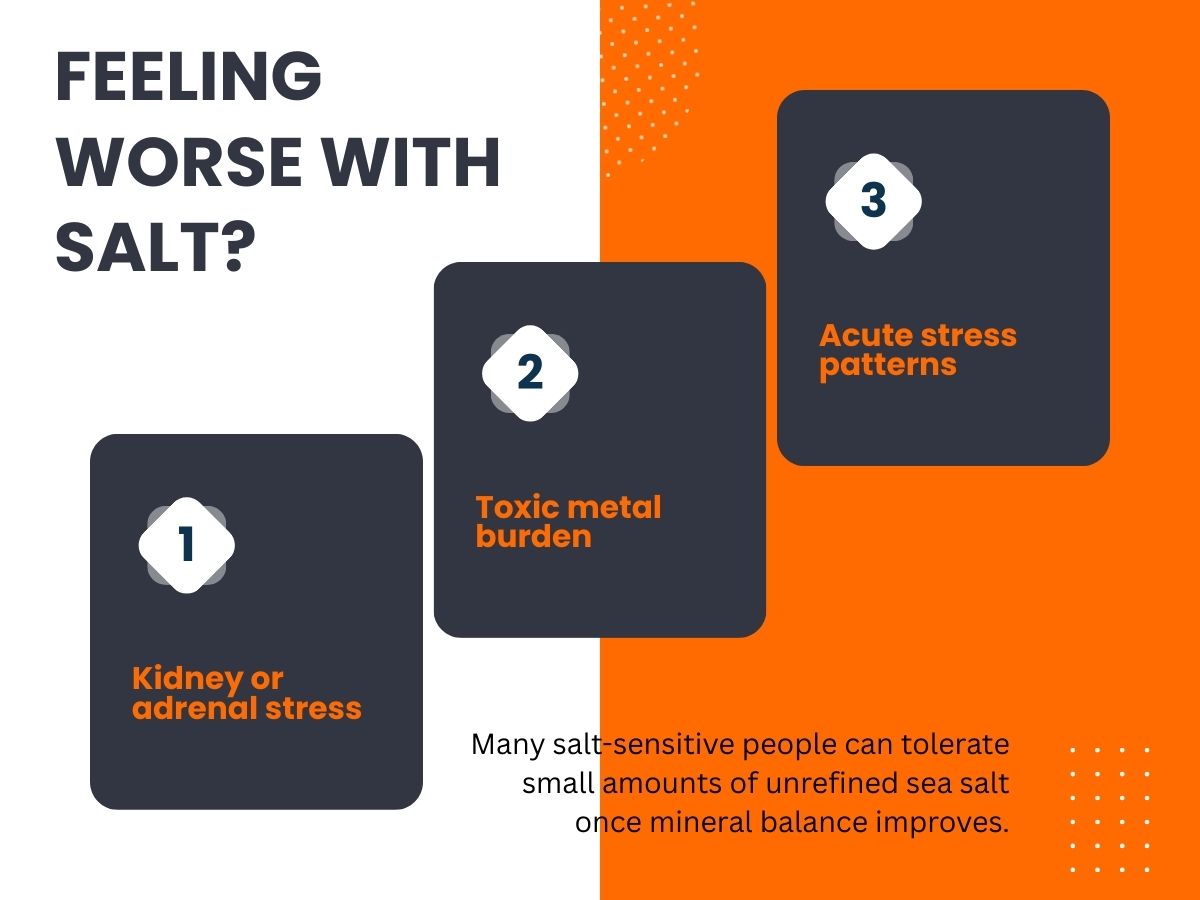 feeling-worse-with-salt-sodium-sensitivity-htma.jpg Infographic explaining why some people feel worse with salt, highlighting kidney or adrenal stress, toxic metal burden, and acute stress patterns in HTMA.
