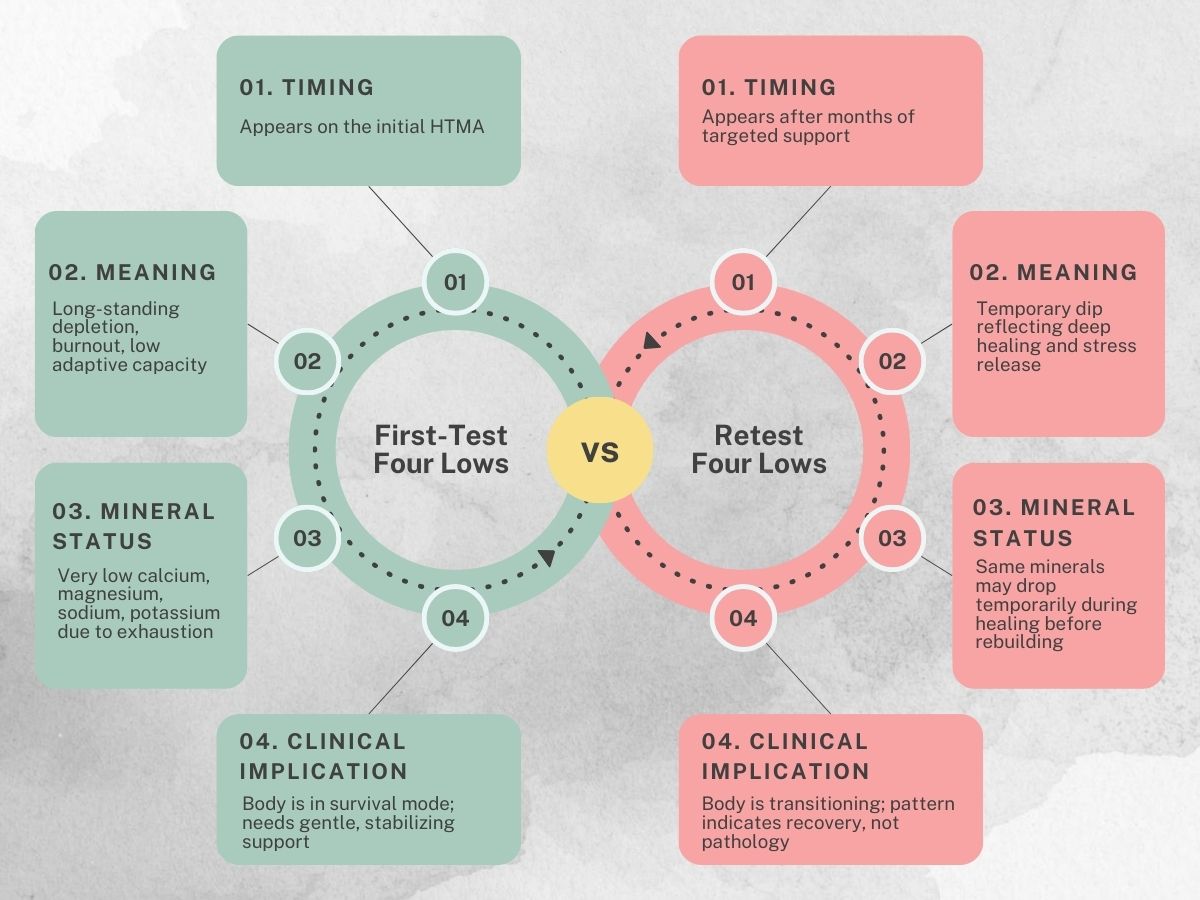 first-test-vs-retest-four-lows-htma-comparison.jpg Comparison chart showing first-test versus retest four lows in HTMA, explaining timing, meaning, mineral status, and clinical implications during exhaustion and recovery.