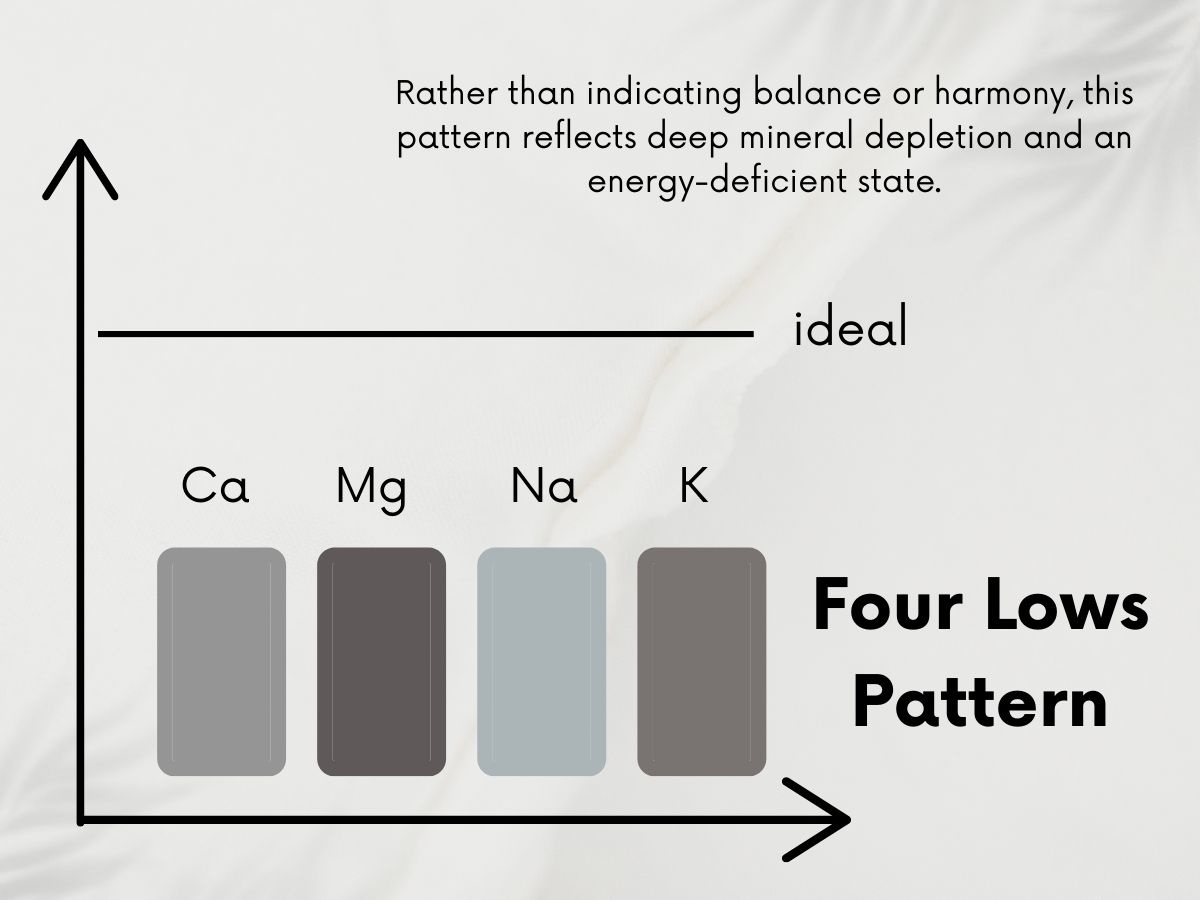 four-lows-pattern-htma-calcium-magnesium-sodium-potassium-depletion.jpg Chart illustrating the Four Lows HTMA pattern showing low calcium, magnesium, sodium, and potassium below the ideal range, representing deep mineral depletion and an energy-deficient state rather than balance.