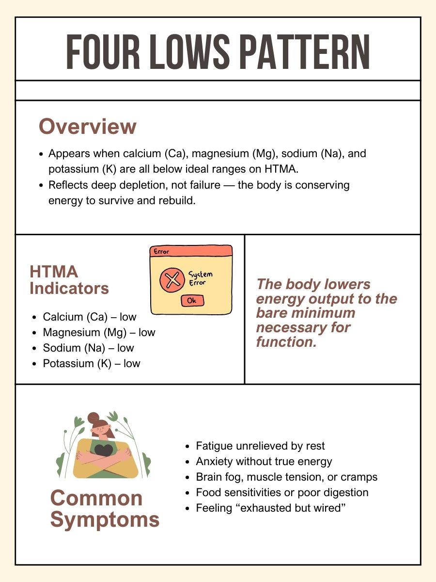 Chart illustrating the four lows pattern in HTMA, including low calcium, magnesium, sodium, and potassium indicators, along with common symptoms such as fatigue, anxiety, brain fog, food sensitivities, and feeling exhausted.