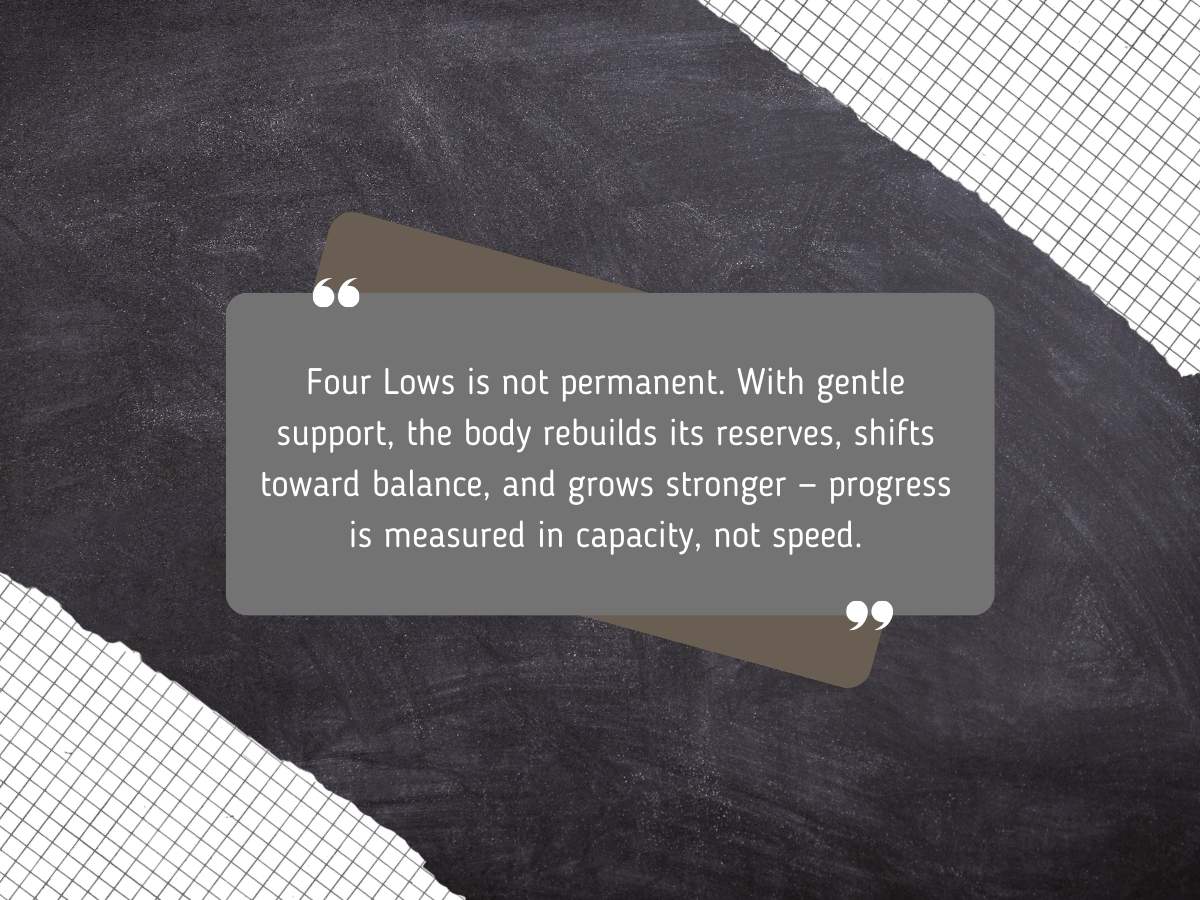 four-lows-recovery-not-permanent-gentle-support-quote.jpg Quote stating that Four Lows is not permanent and that with gentle support the body rebuilds reserves, restores balance, and grows stronger over time.