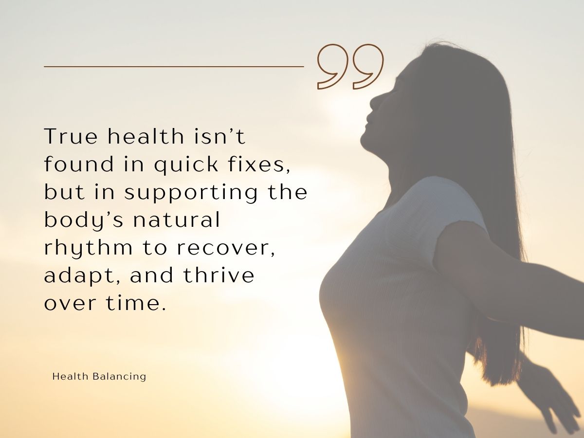 Woman stretching with arms outstretched at sunrise, with an inspiring quote about health and natural recovery.
