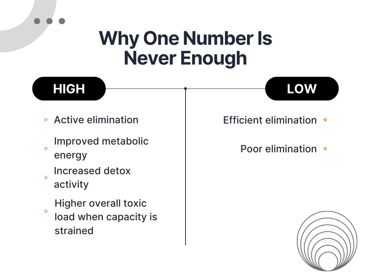 Diagram explaining why one health number is never enough, comparing high and low detox elimination, metabolic energy, and overall toxic load.