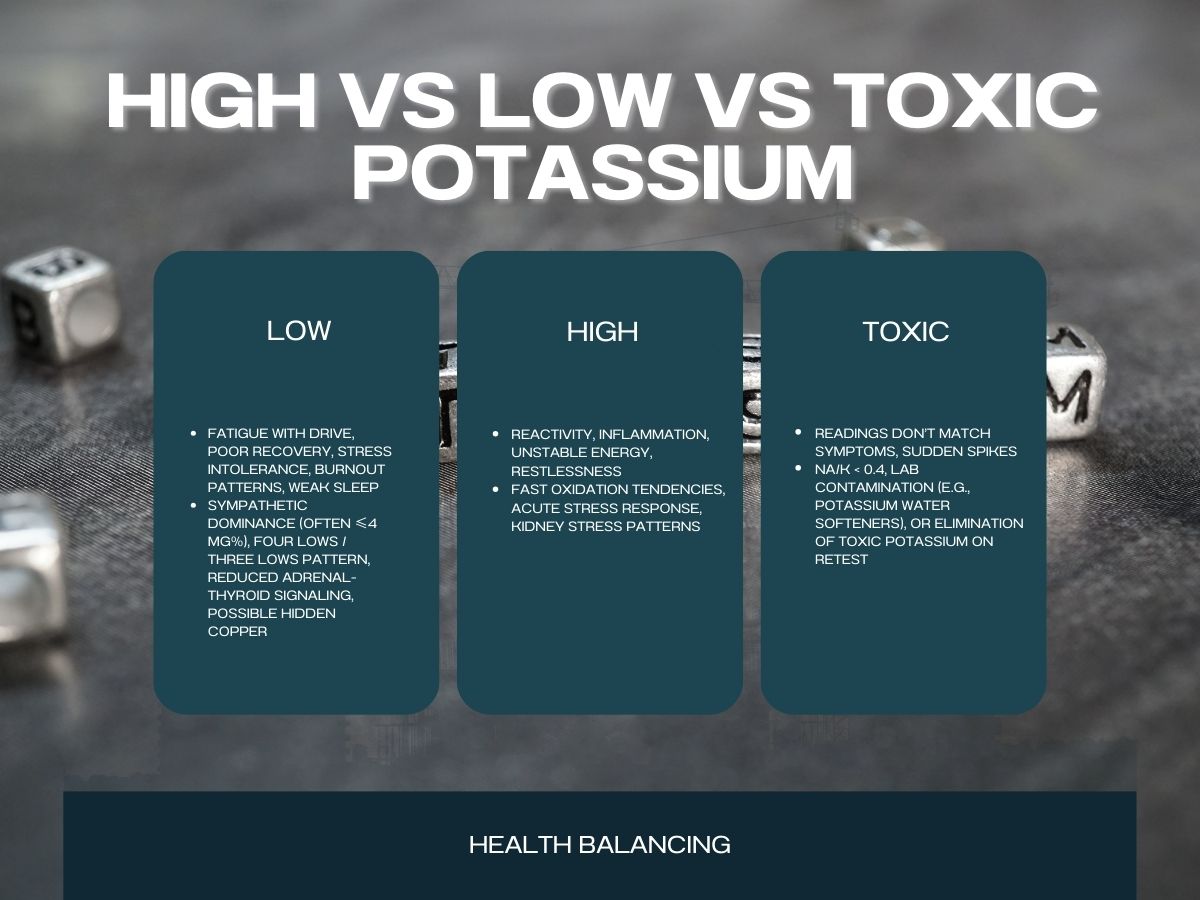high-vs-low-vs-toxic-potassium-comparison.jpg Comparison chart showing high, low, and toxic levels of potassium with descriptions of each level's effects and characteristics.