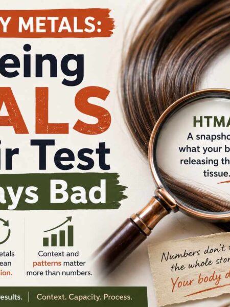 HTMA and heavy metals infographic explaining why seeing mercury, lead, aluminum, or cadmium on a hair tissue mineral analysis (HTMA) test is not always a bad sign and reflects elimination patterns rather than total body burden.
