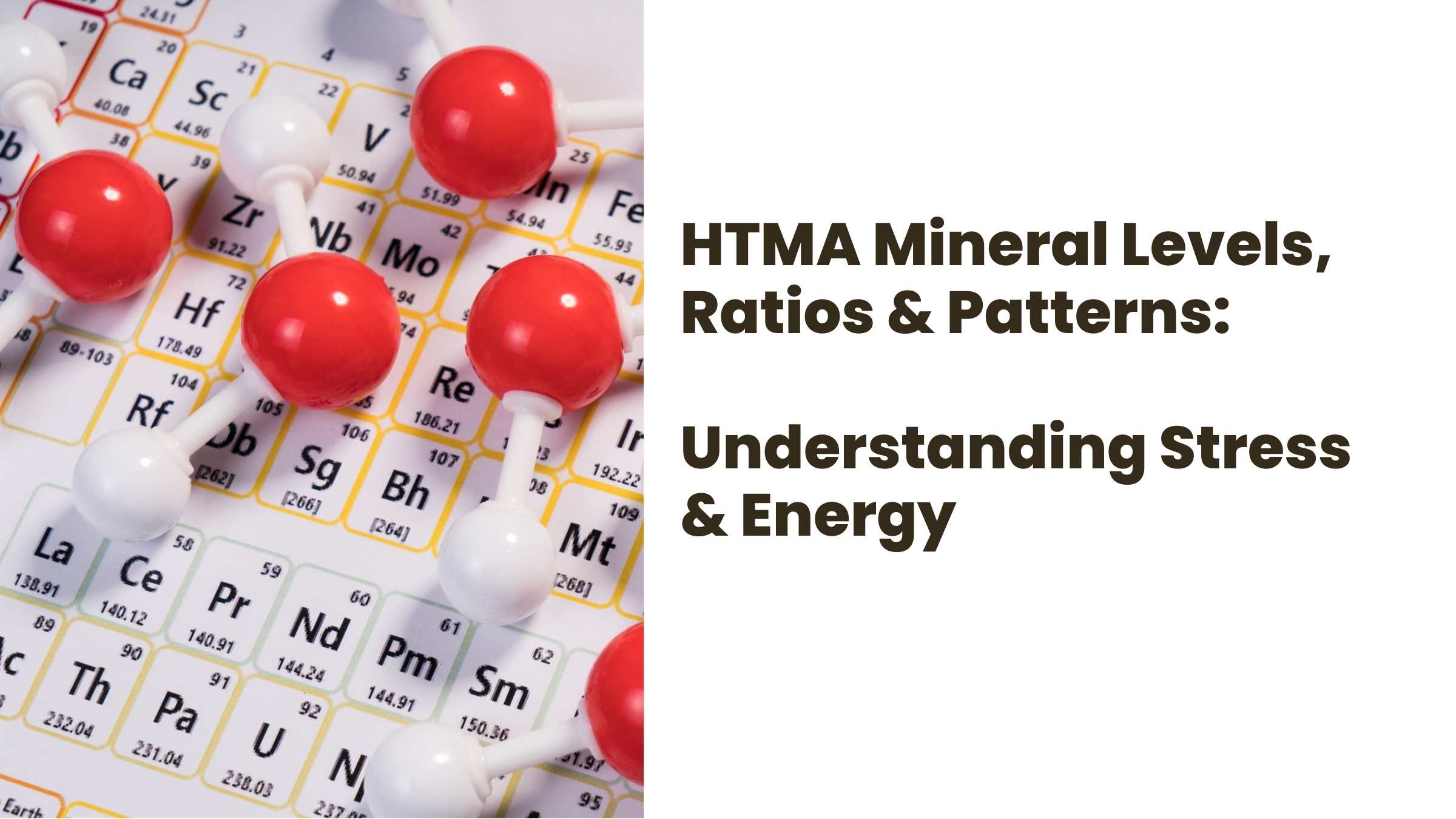 HTMA Mineral Levels, Ratios and Patterns infographic showing the periodic table and molecular model with text about understanding stress and energy